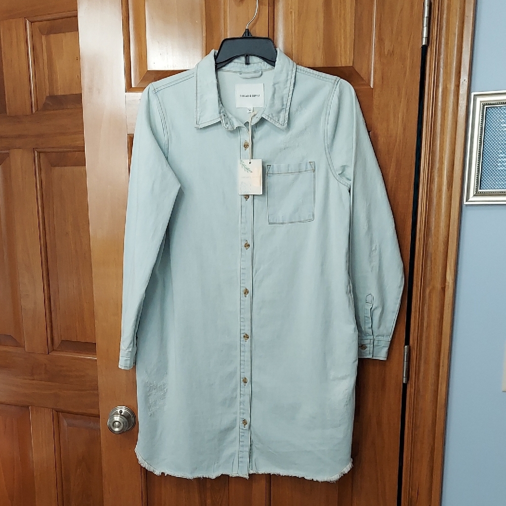🆕 Thread & Supply Faded Blue Denim Distressed Shirt Dress, Size Large, NEW▪︎